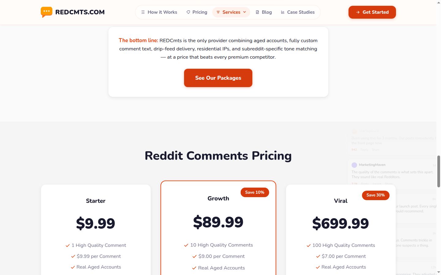 REDCmts pricing page: one comment $9.99, ten $89.99, one hundred $699.99